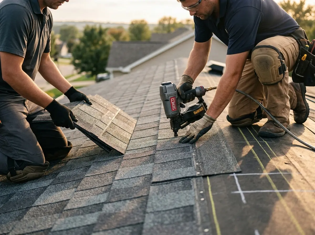 Professional roofer working on a residential roof in Sienna